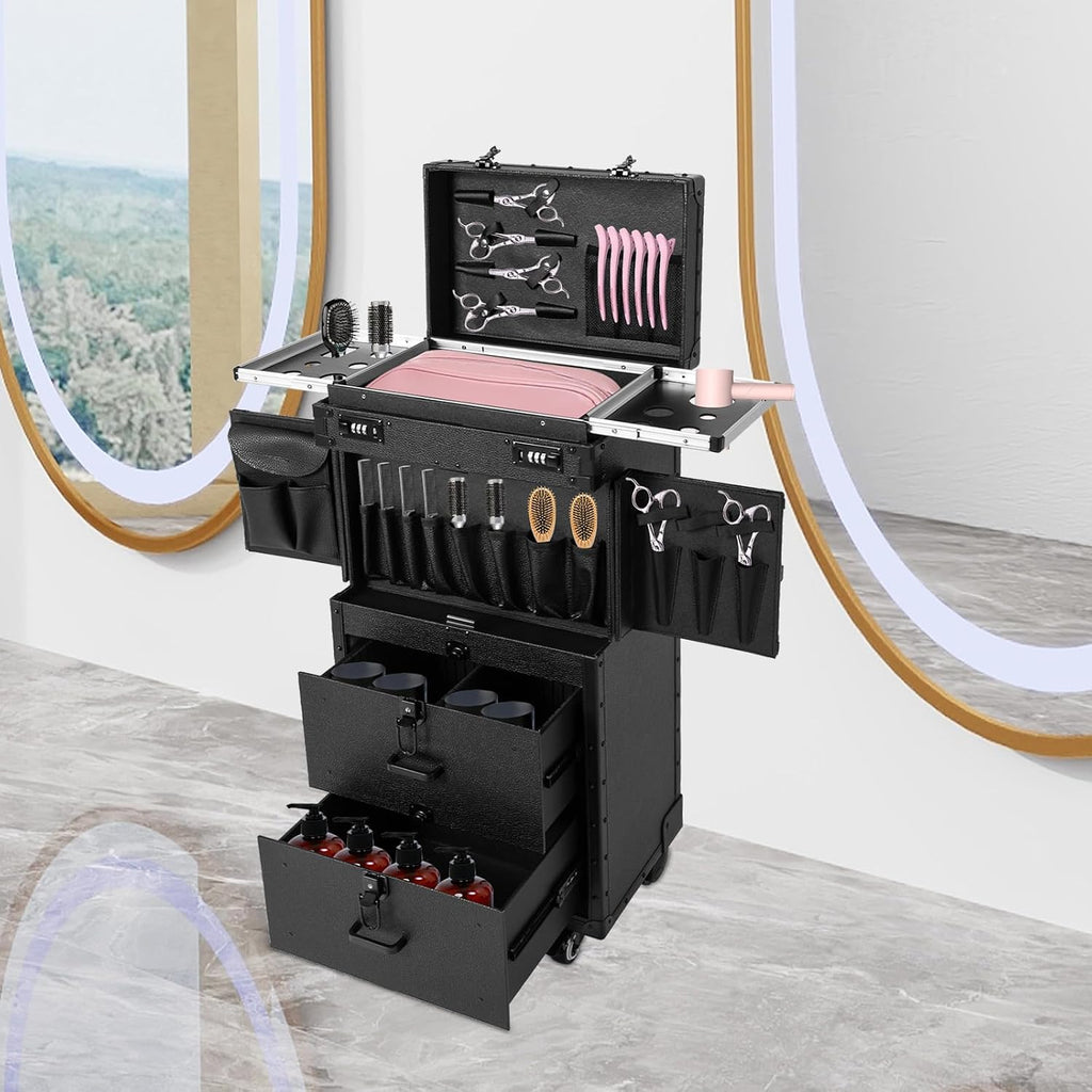 Makeup Case Trolley, Rolling Makeup Case with 4 Universal Wheels Large Professional Cosmetology Case with Sliding Drawer & Keys Multi-functional Cosmetic Train Case Trolley Storage Case Black