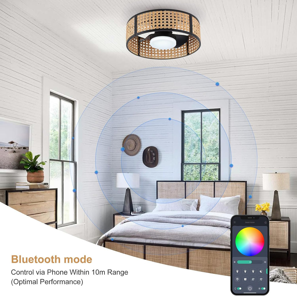 Ganeed 20' Handwoven Rattan Boho Ceiling Fans with Lights, Dimmable RGB LED Wicker Caged Ceiling Fan with Light and Remote, 6 Speed/Reversible Motor Rattan Fandelier for Bedroom Dining Room Nursery