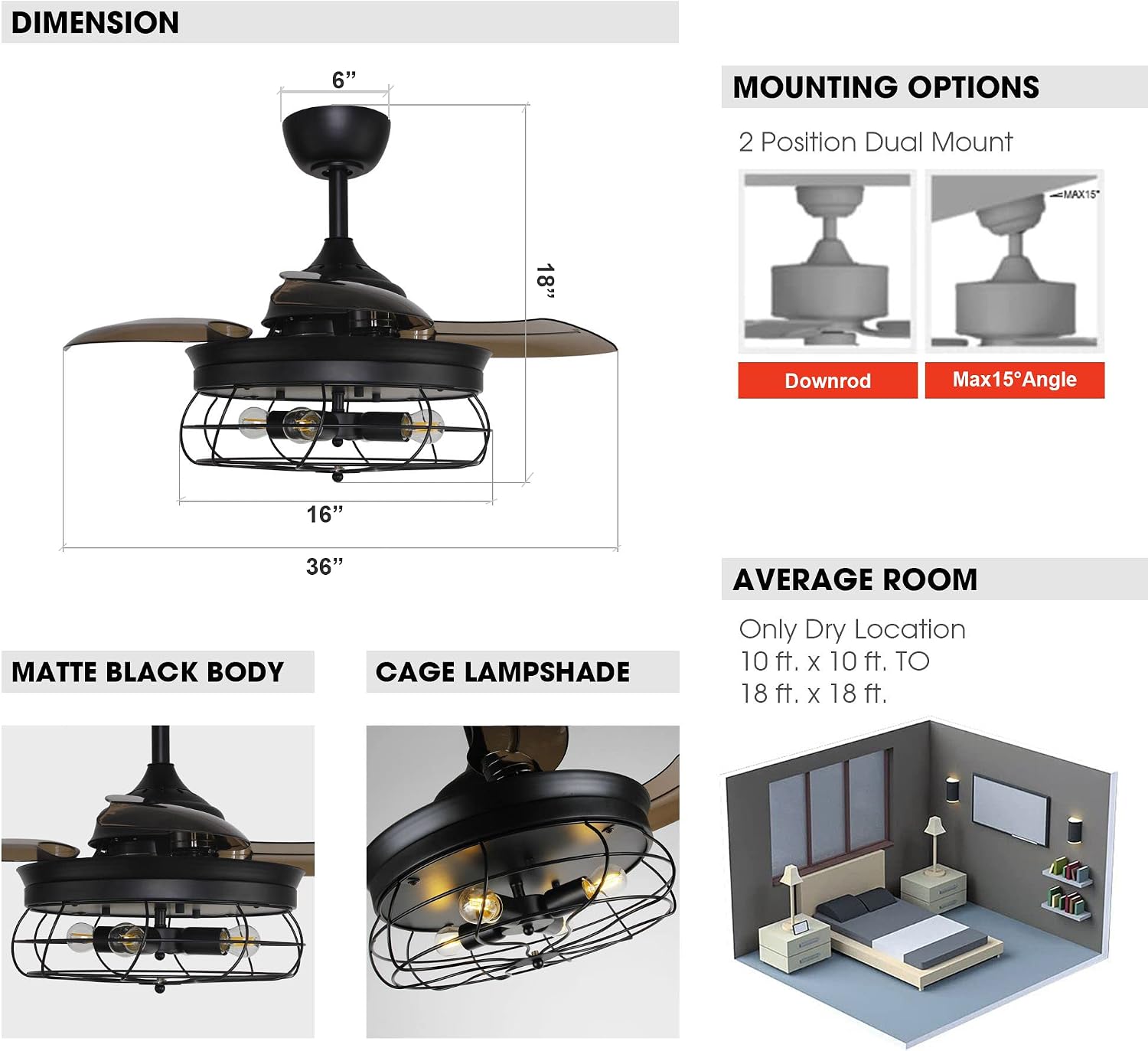 Parrot Uncle Ceiling Fans with Lights and Remote Black Bedroom Ceiling Fan with Light and Retractable Blades, 36 Inch