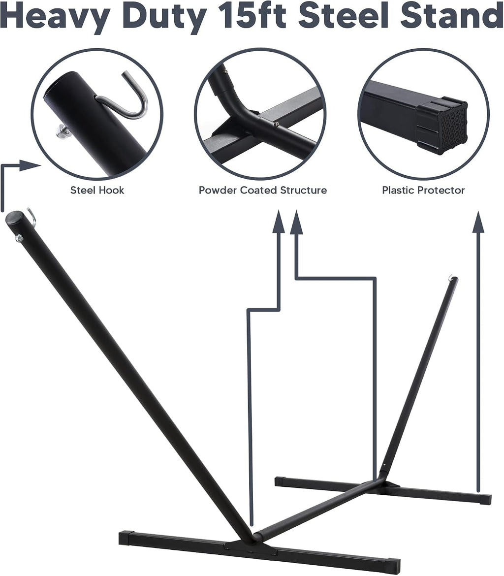 SUNCREAT Hammocks for Outside with 15 ft Stand, Stand Alone Hammock, 475 lbs Capacity, Dark Gray