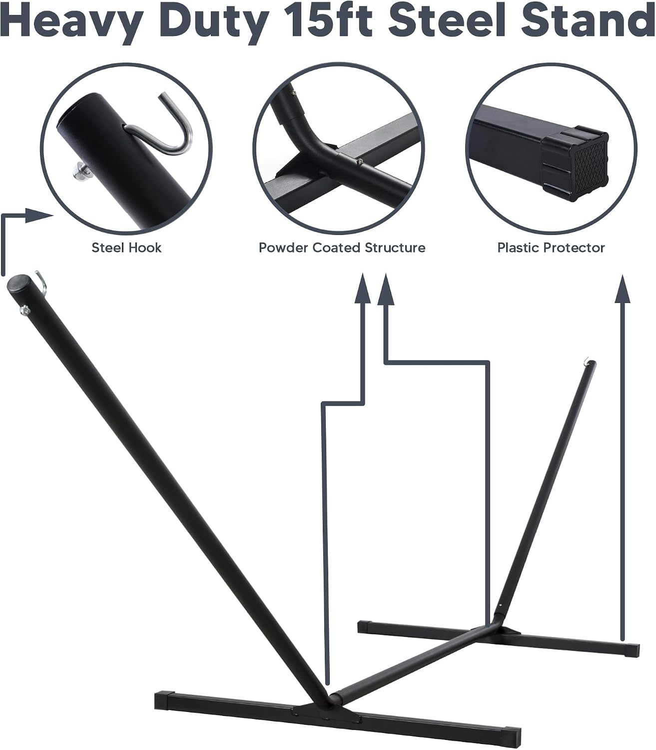 SUNCREAT Hammocks for Outside with 15 ft Stand, Stand Alone Hammock, 475 lbs Capacity, Dark Gray