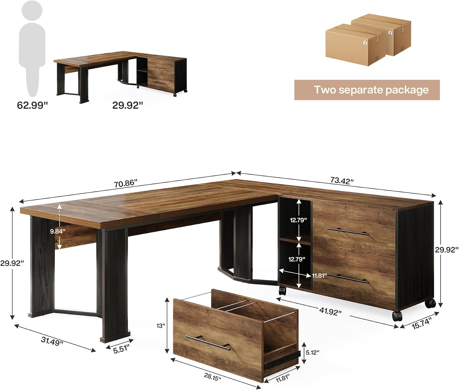 Tribesigns 70.86' Executive Desk with Mobile File Cabinet, Large L Shaped Computer Office Desk with 2 Drawers and Storage Shelves, Business Furniture Desk Workstation for Home Office (Rustic Brown)