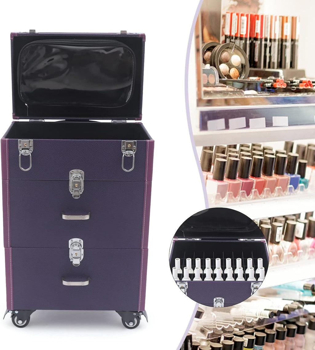 Professional Rolling Makeup Case Train Case Cosmetic Organizer Trolley Lockable Rolling Make-ups Case Storage Cart Makeup Train Case Cosmetology Case On Wheels (Purple|3 trays|Type C)