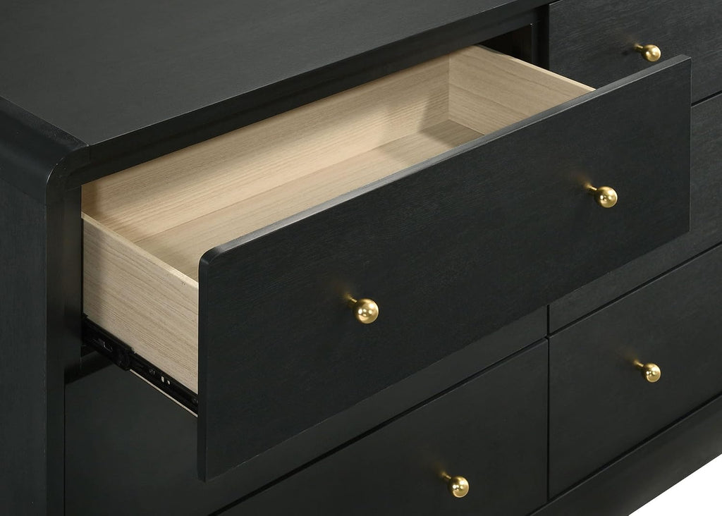 Coaster Home Furnishings - Cavelle - Wood - 6-Drawer Dresser with Mid-Century Modern Style, Gold Ball Knobs, Metal Extension Glides, Rounded Corners - Bedroom - Black - 223663