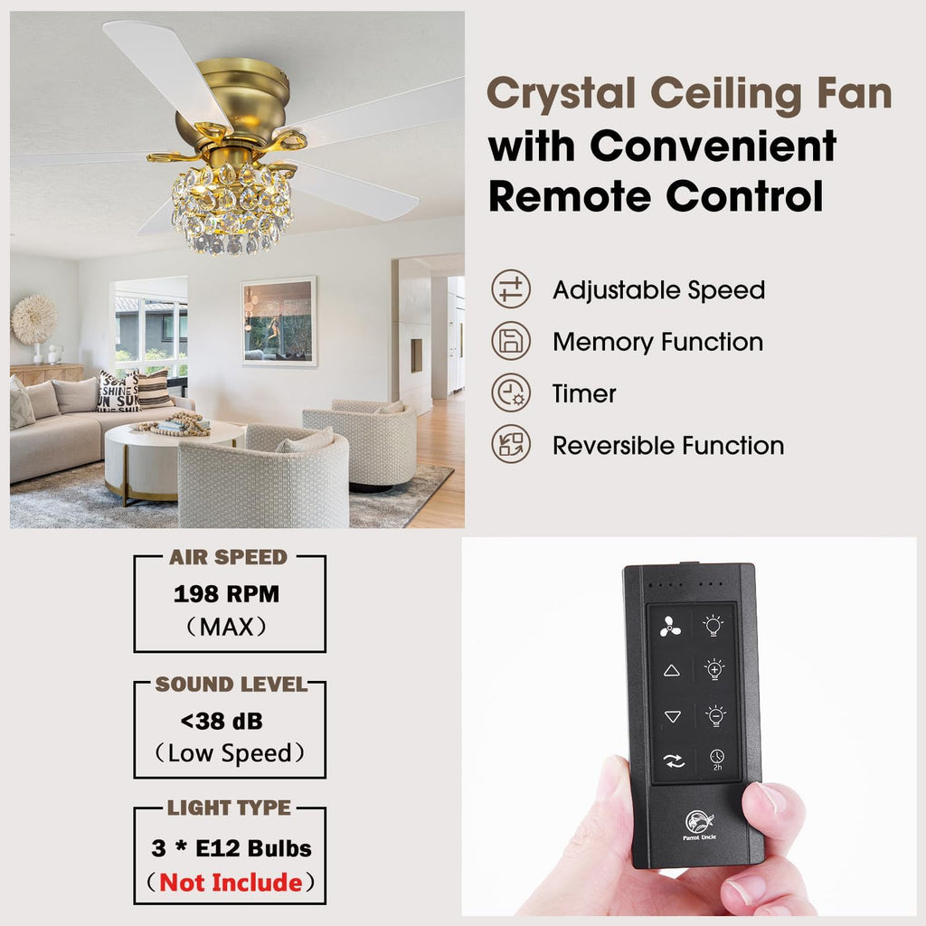 Parrot Uncle Crystal Ceiling Fan,48 Inch Gold Fandelier Chandelier Ceiling Fan with Remote,Low Profile Flush Mount,5 Reversible Blades, 3 Timers, Indoor Vintage Fandelier for Dining Room,Bedroom