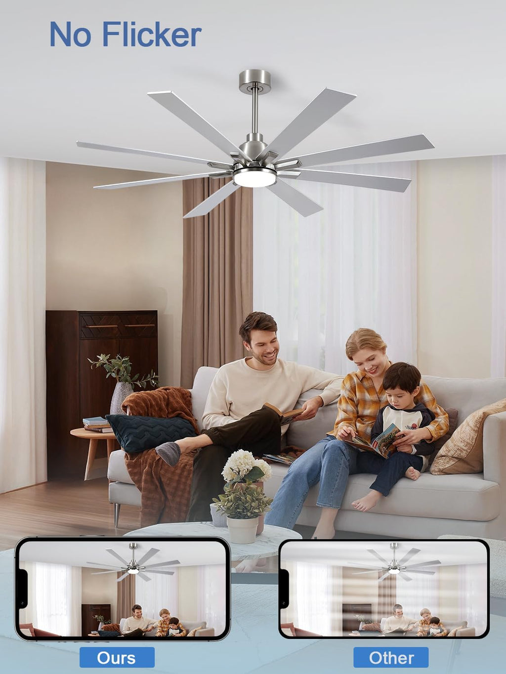 62 Inch Ceiling Fans with Lights and Remote, Pure Copper DC Motor Brushed Nickel Large Indoor/Outdoor Modern Industrial Ceiling Fan, Quiet, 6 Speed, 3CCT, for Patios Living Room Farmhouse Garage