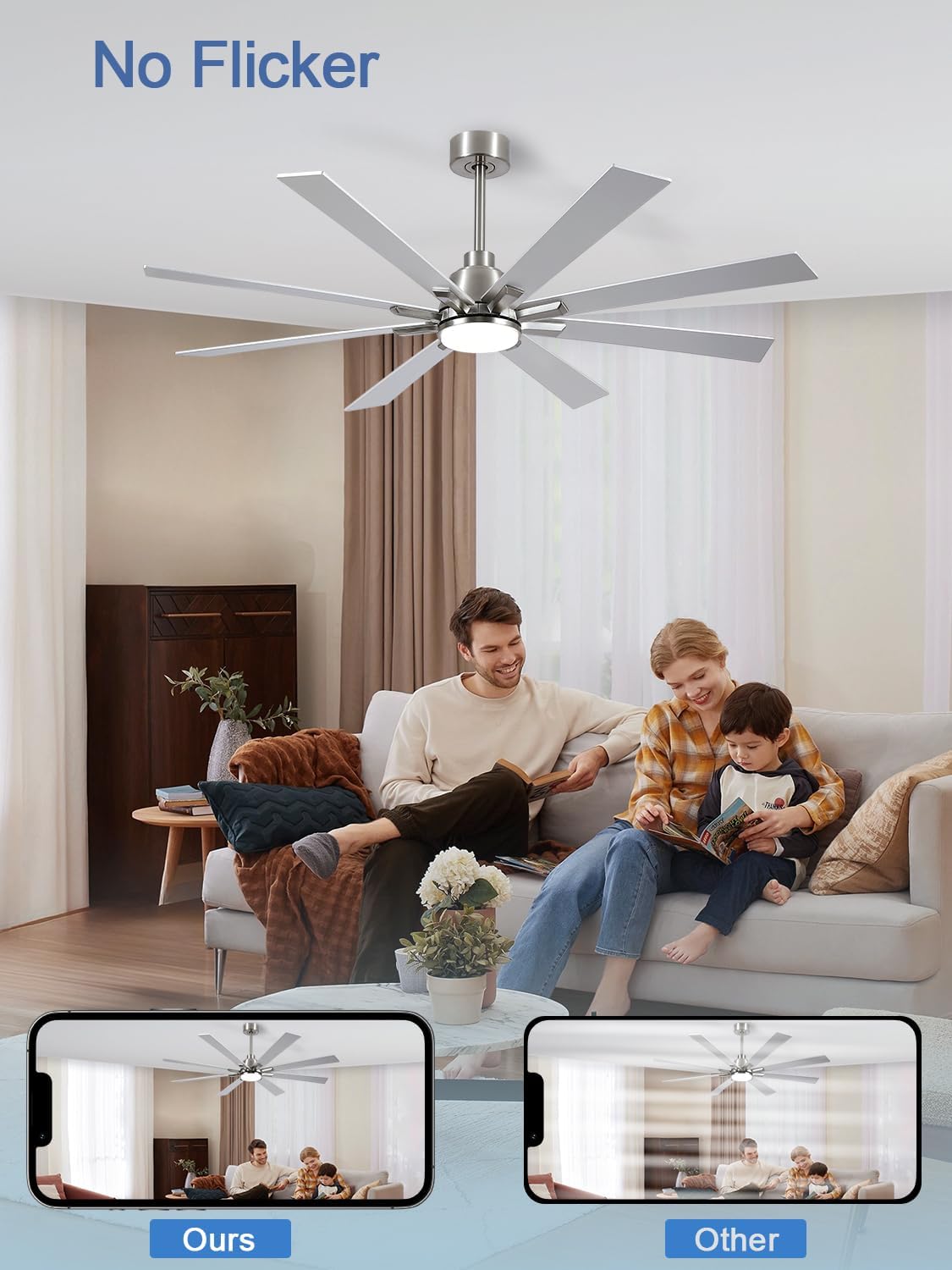 62 Inch Ceiling Fans with Lights and Remote, Pure Copper DC Motor Brushed Nickel Large Indoor/Outdoor Modern Industrial Ceiling Fan, Quiet, 6 Speed, 3CCT, for Patios Living Room Farmhouse Garage