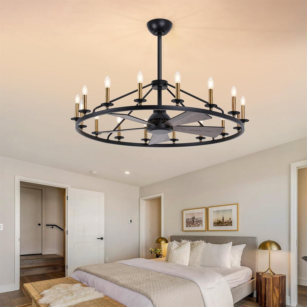 44' Black+Gold Wagon Wheel Chandelier with Fans, Farmhouse Ceiling Fan with 16-Lights and Remote, Adjustable Height, Rustic Chandelier for Living Room Bedroom, 6-Speed Reversible Large Fandelier