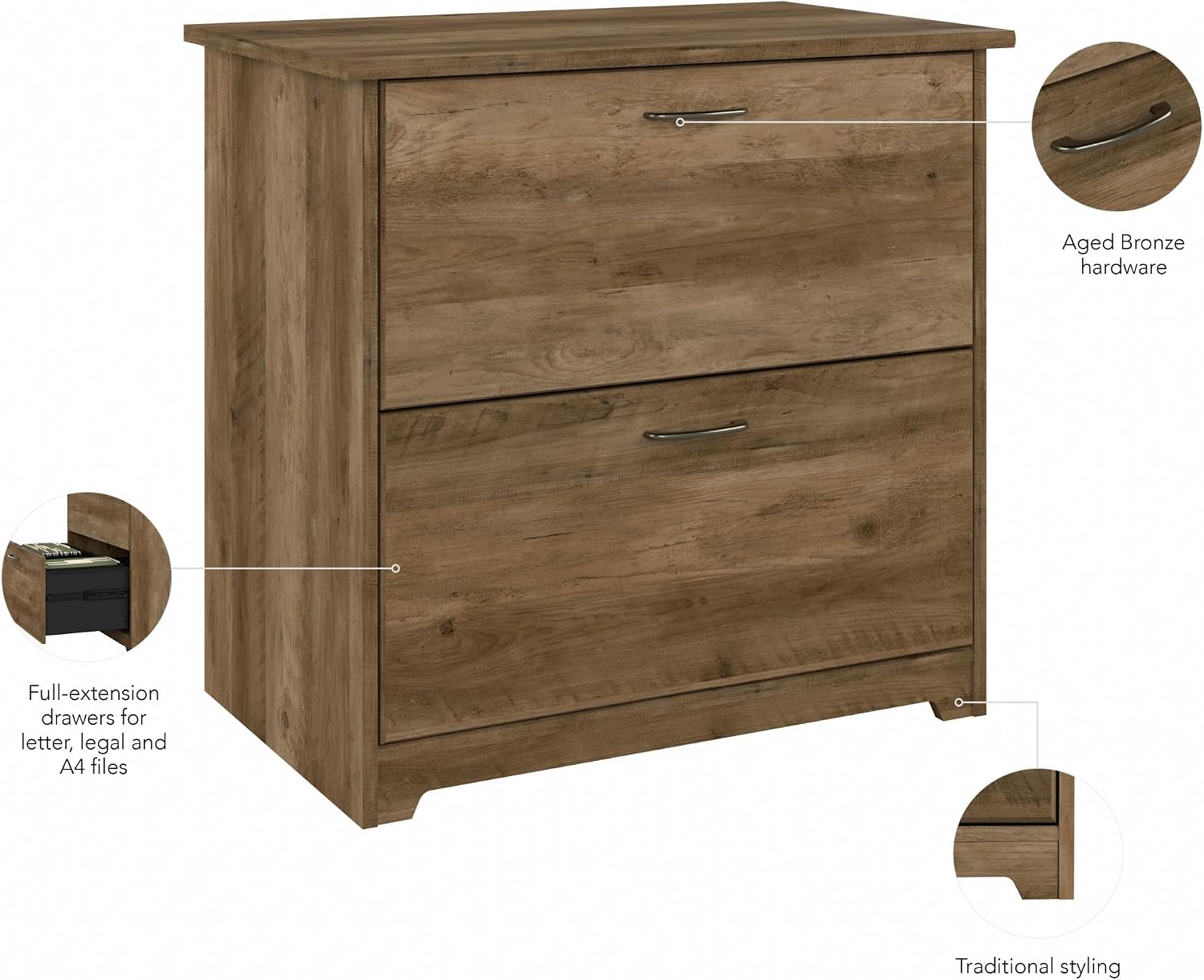 Bush Home Cabot 2 Drawer Lateral File Cabinet in Reclaimed Pine, Home Office Chest for Letter, Legal, and A4-size Document Storage