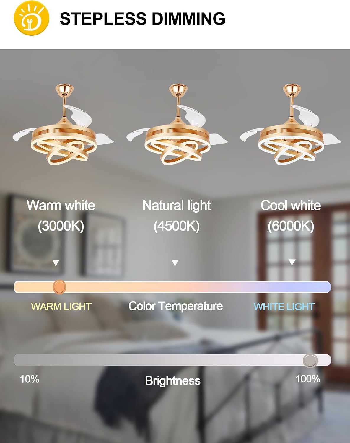 Dawn Whisper 42 Inch Retractable Ceiling Fans Modern Gold Chandelier Ceiling Fans with Lights for Bedroom Living Room Quite DC Motor 6 Speeds 3 Color Dimmable LED Light