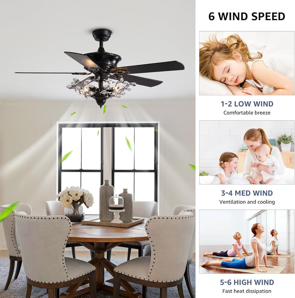Modern Crystal Chandelier Ceiling Fan Gorgeous Reversible Ceiling Fan Light Fixture with Remote for Bedroom Living Room (Black-2, 50')