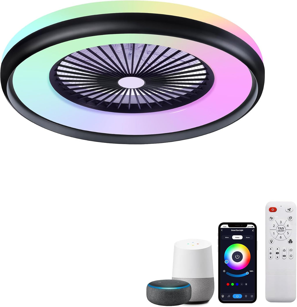 24' Bladeless Ceiling Fans with RGB Light, Low Profile Ceiling Fan with Light, Smart Modern Ceiling Fan with App/Remote/Voice Control, 3 Dimmable LED Light for Bedroom, Living Room Black
