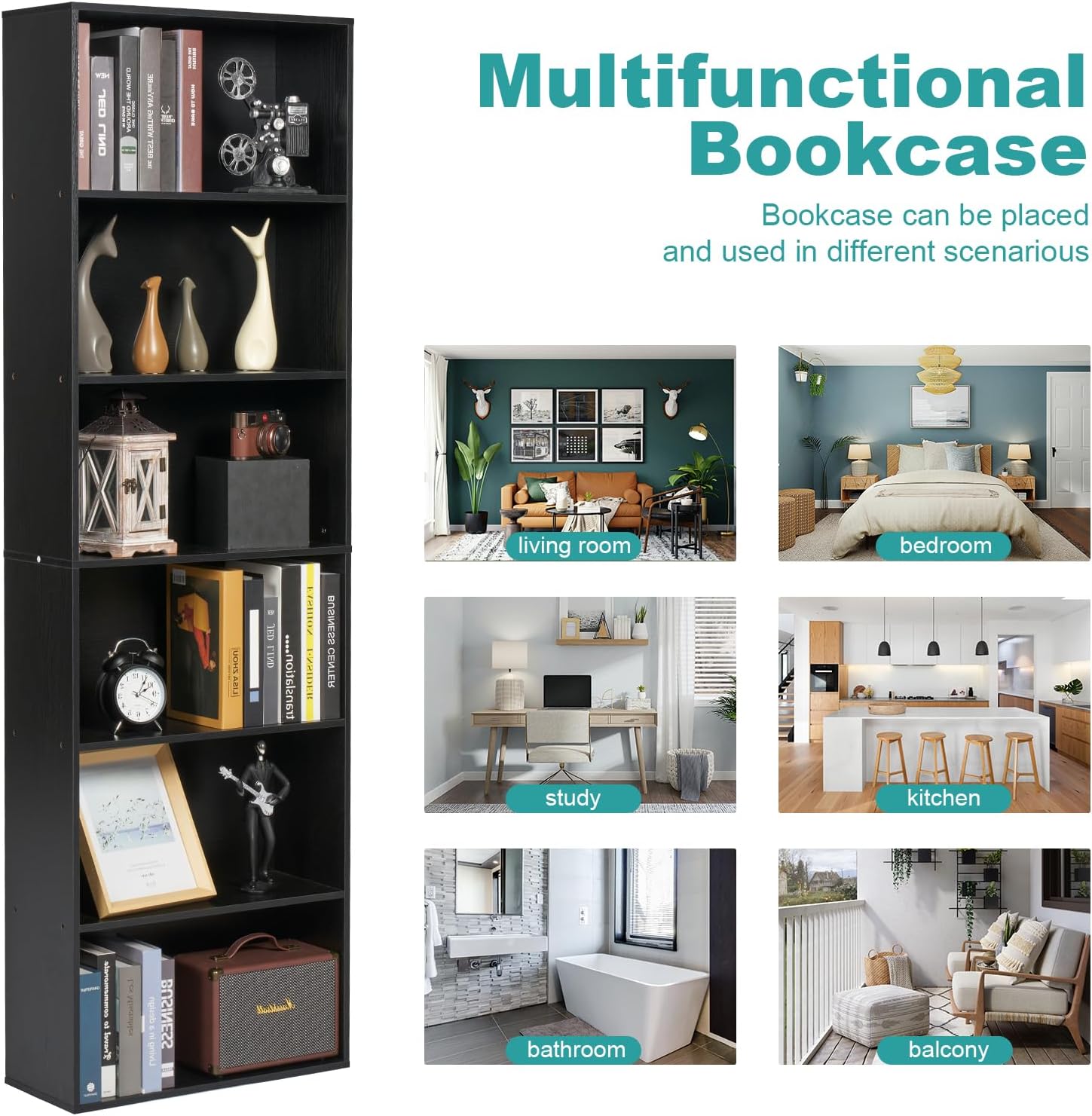 71.5' Tall Bookshelves and Bookcases Set of 2, 6 Tier Display Storage Shelves Home Decor Furniture for Home Office, Living Room, Bed Room (Black, 21.9' Wide)