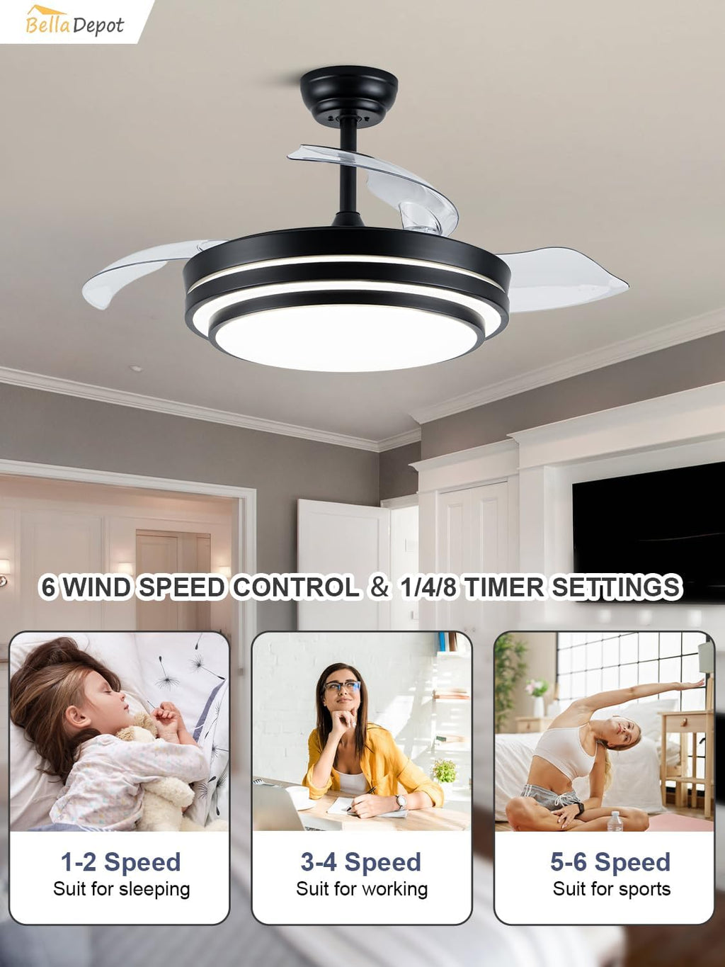 Bella Depot 42 Inch Retractable Ceiling Fan with Dimmable LED Light and Remote with 3 Color Change, Timing Options, Silent Noiseless for Dining Room Bedroom Kitchen (Black, 42')