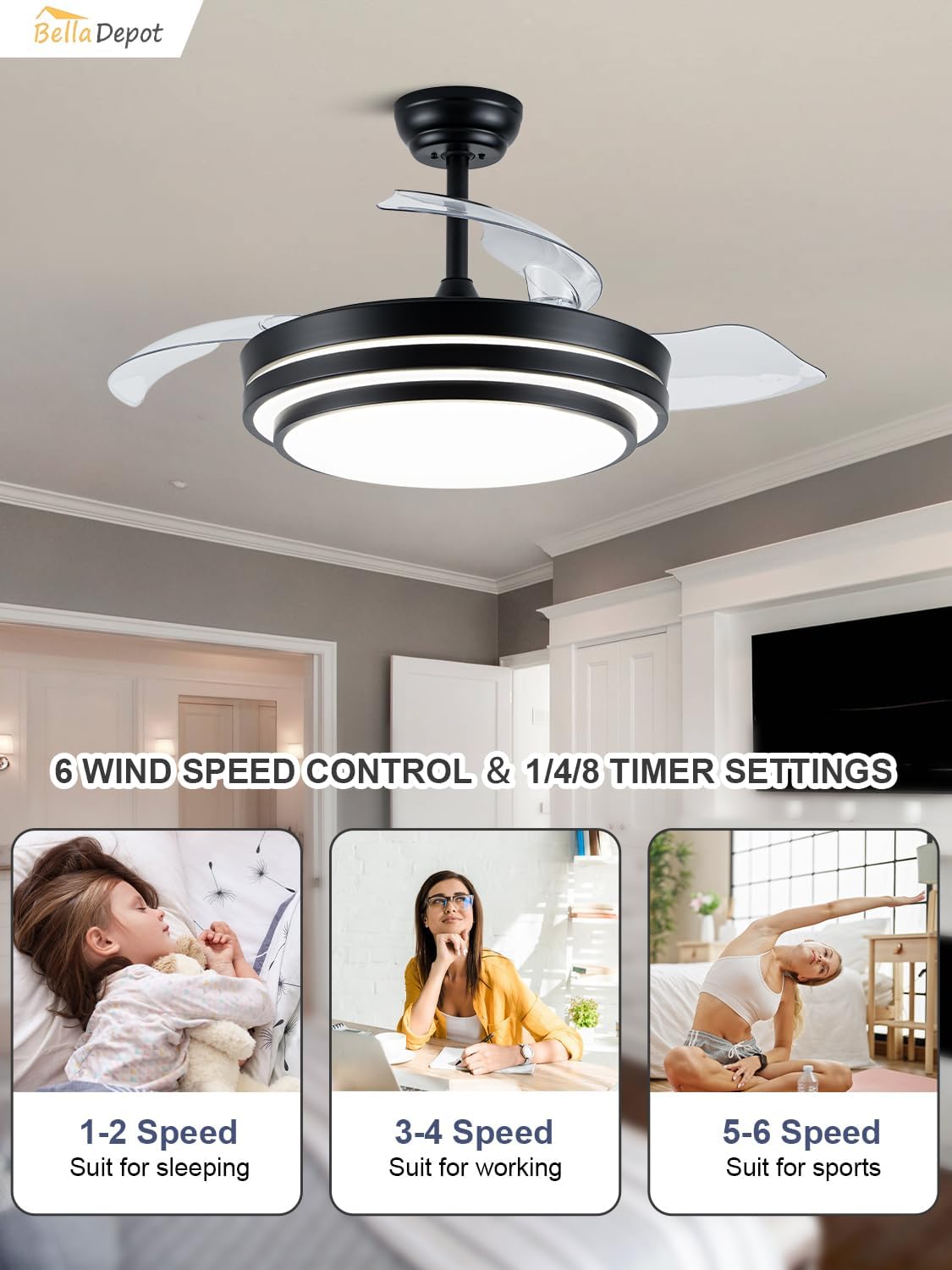 Bella Depot 42 Inch Retractable Ceiling Fan with Dimmable LED Light and Remote with 3 Color Change, Timing Options, Silent Noiseless for Dining Room Bedroom Kitchen (Black, 42')