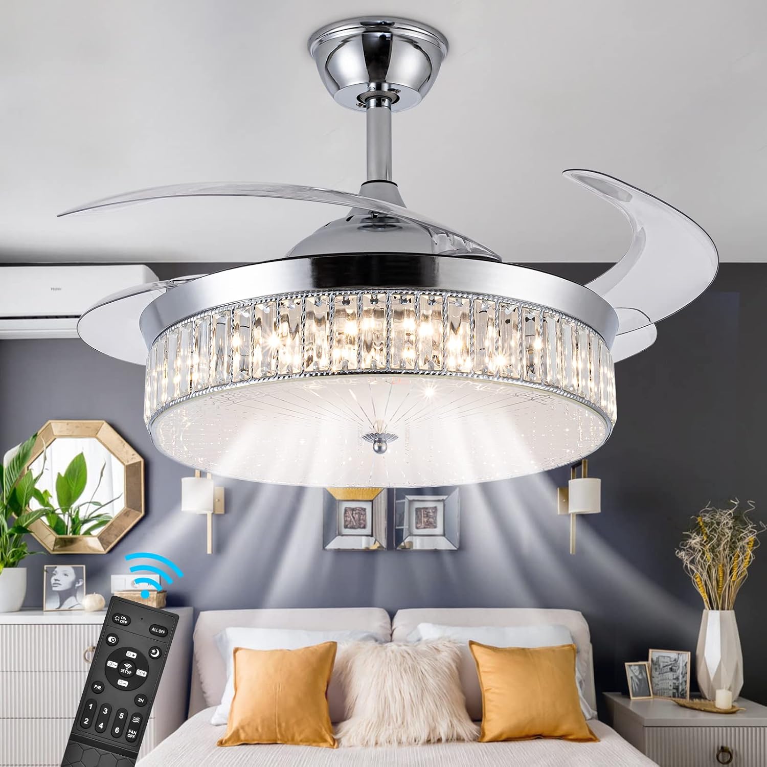 Bavnnro Crystal Ceiling Fans with Lights,42 Inch LED 3 Color Remote Control Retractable Invisible Blades 3 Speeds Indoor Ceiling Light Kits with Fans for Decorate Living Room Bedroom