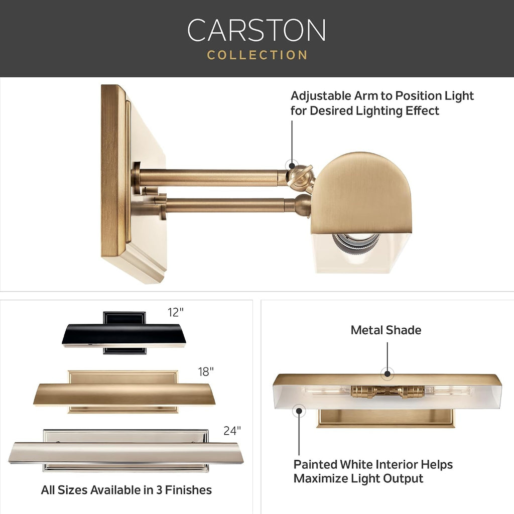 Kichler Carston 2-Light Picture Light, Updated Traditional Light in Polished Nickel with White Interior, for Framed Art, Mirror or Built-in Shelving (4.75' x 24.25'), 52686PN
