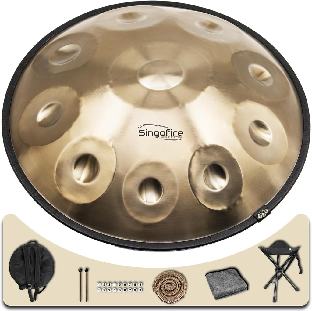 'SINGOFIRE' 10-Notes Handpan Drum, Handpan Drums for Adults, 22-Inch 440Hz D Minor Kurd Handpan, Handpans Instrument with Soft Drum Bag, 2 Handpan Mallets, Stand and Dust-Free Cloth(Gold)