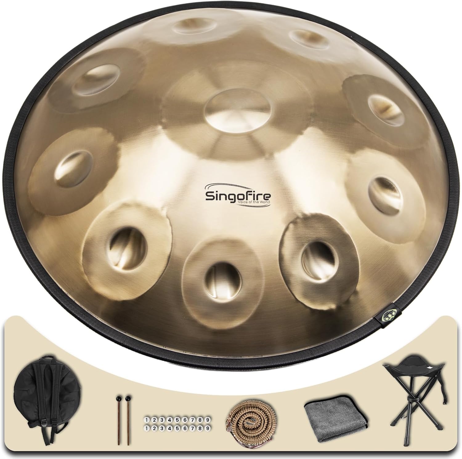 'SINGOFIRE' 10-Notes Handpan Drum, Handpan Drums for Adults, 22-Inch 440Hz D Minor Kurd Handpan, Handpans Instrument with Soft Drum Bag, 2 Handpan Mallets, Stand and Dust-Free Cloth(Gold)