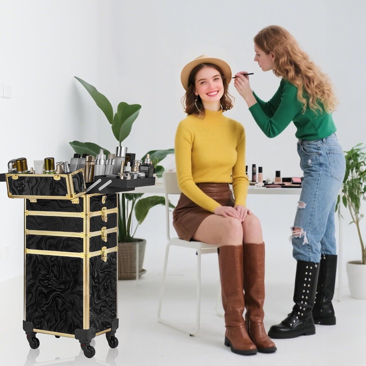 Somduy Rolling Makeup Case, Makeup Train Case with Lid, 5 in 1 Cosmetology Case on Wheels, Christmas Gift, Large Makeup Organizers, Profesional Cosmetic Case for Salon Barber, Pattern Black Gold