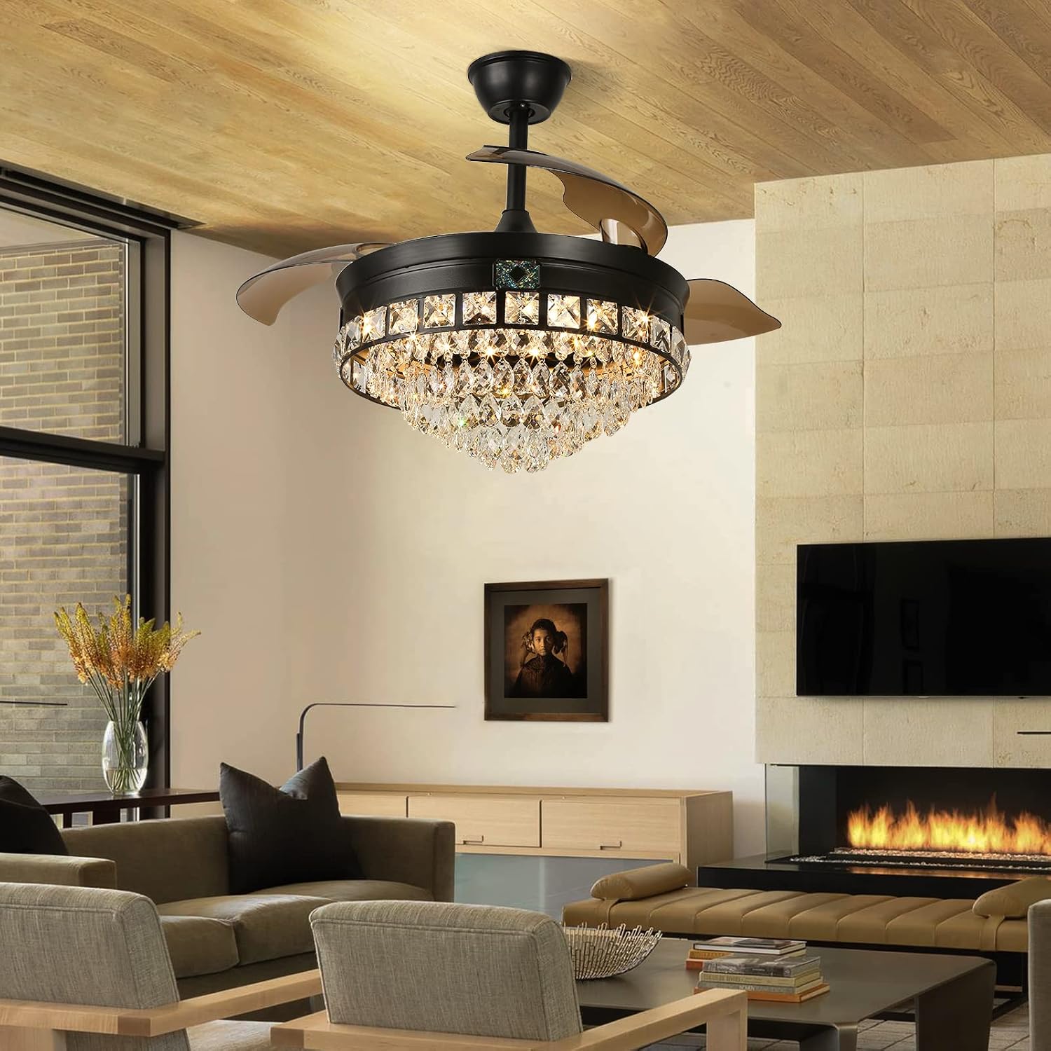 42' Black Crystal Ceiling Fan with Lights, Modern Dimmable Fandelier with Remote, LED Retractable Blades 3-Color with Memory Invisible Crystal Chandelier Fan for Living Room Dining Room