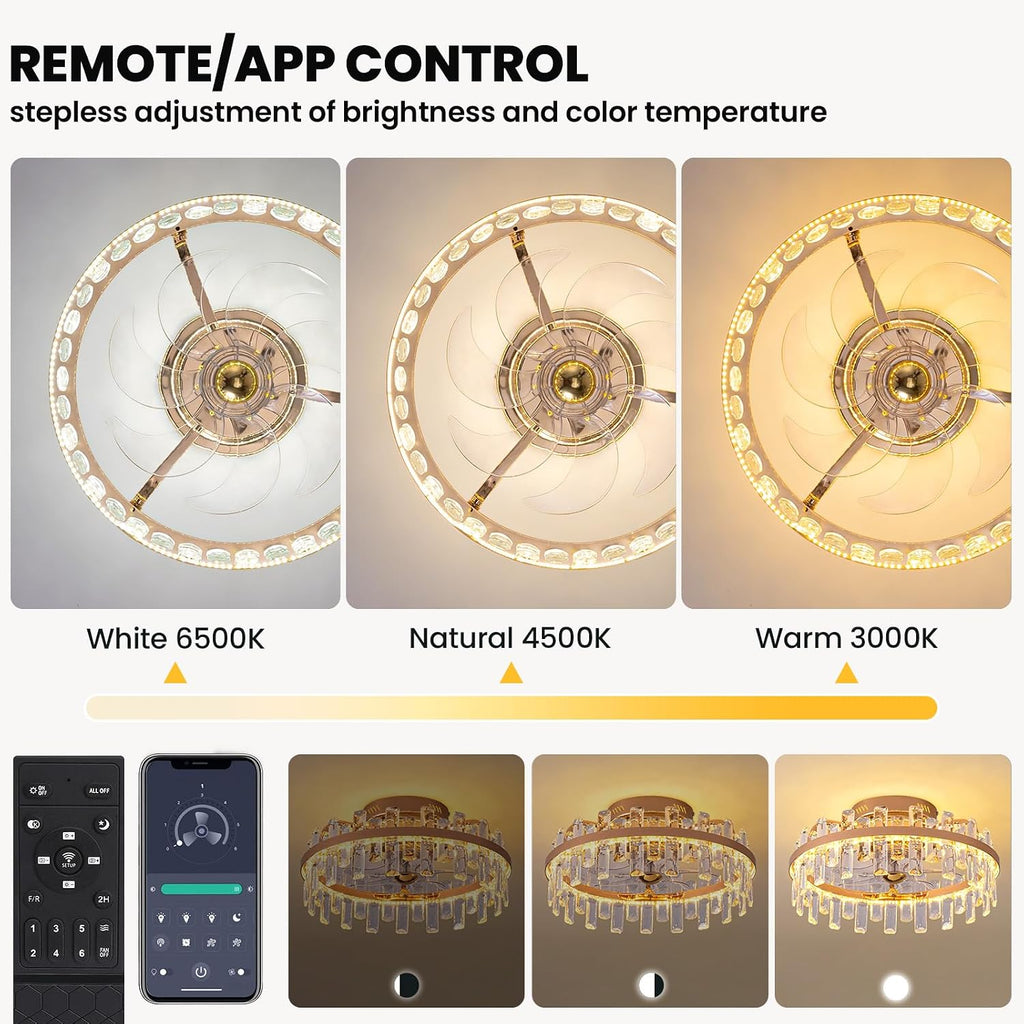 20' Crystal Ceiling Fans with Lights Remote Control Dimmable 6 Speeds Reverible Timer Gold Fandelier for Bedroom Dining Room Living Room