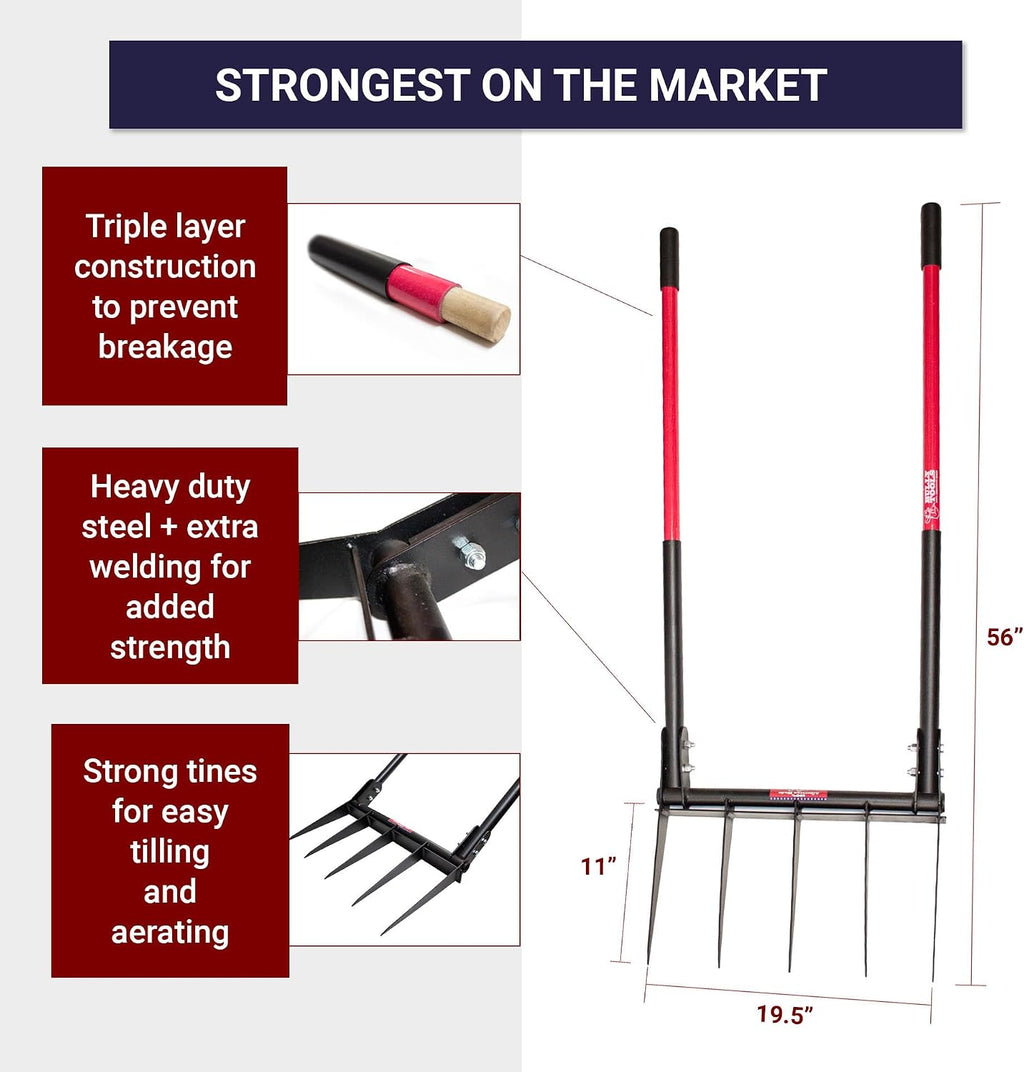 Bully Tools 5-Tine Broadfork with Fiberglass Handles, Heavy Duty Broad Fork for Tilling Aerating and Turning Soil, 56' 10-Gauge Steel Fork, Ideal for Garden Beds and Pavers Base Prep, 100% Made in USA