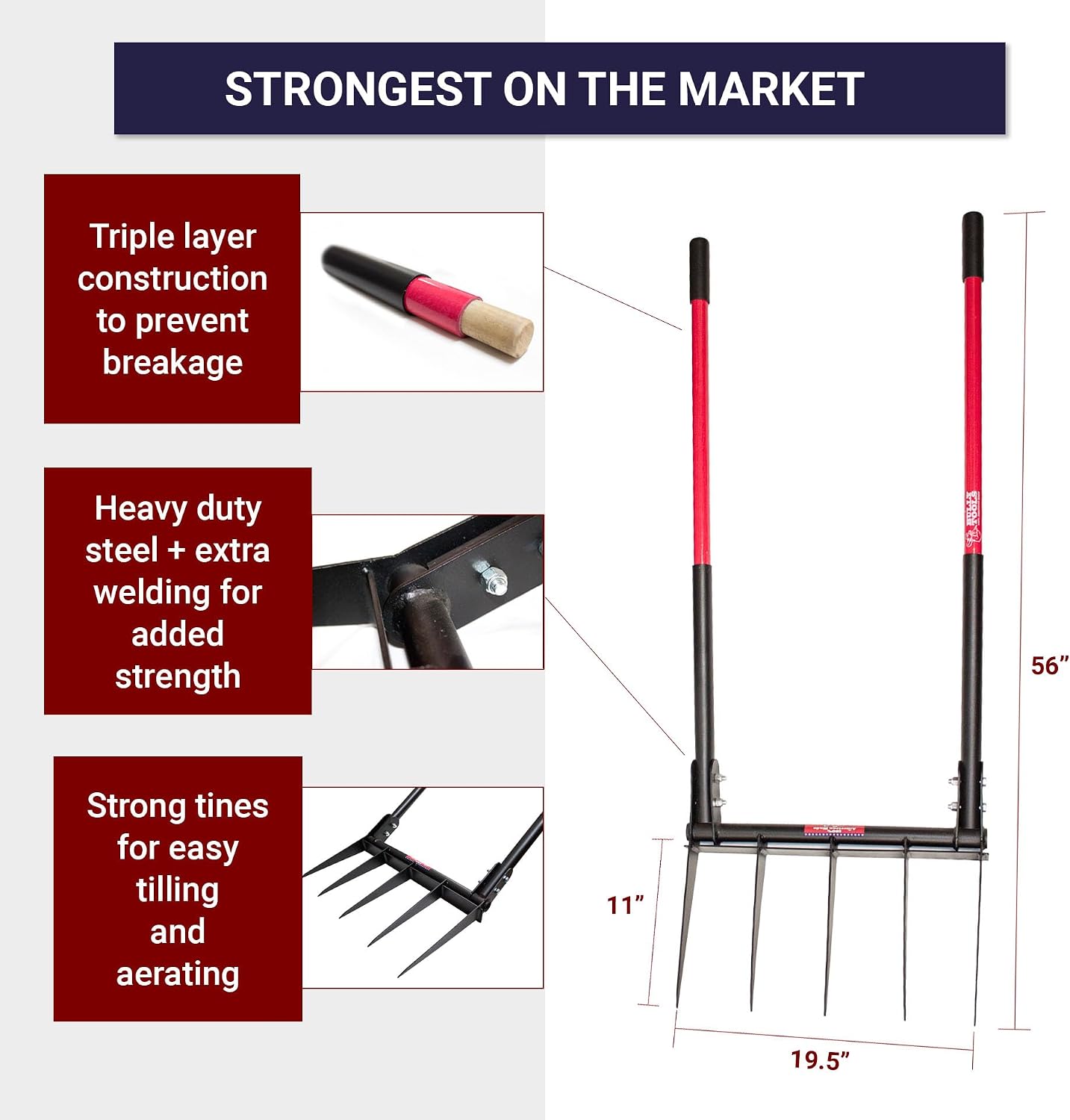 Bully Tools 5-Tine Broadfork with Fiberglass Handles, Heavy Duty Broad Fork for Tilling Aerating and Turning Soil, 56' 10-Gauge Steel Fork, Ideal for Garden Beds and Pavers Base Prep, 100% Made in USA