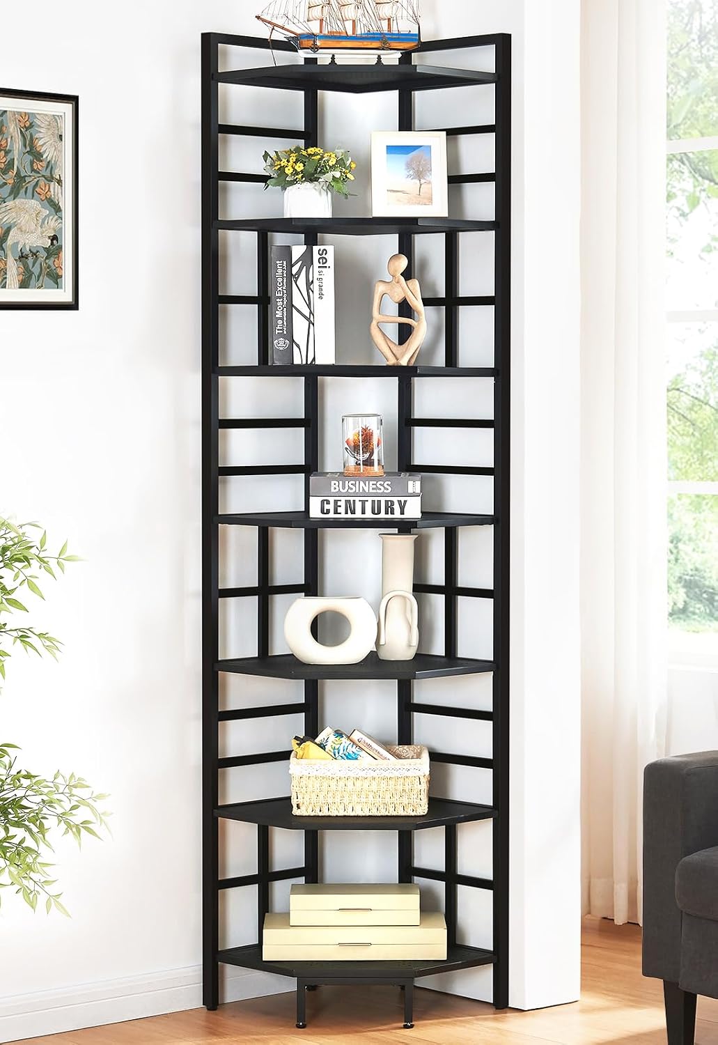 HOMISSUE Corner Shelf, 7 Tier Tall Narrow Bookshelf 82.6', Industrial Corner Bookcase with Storage for Home Office Living Room and Bedroom, Black