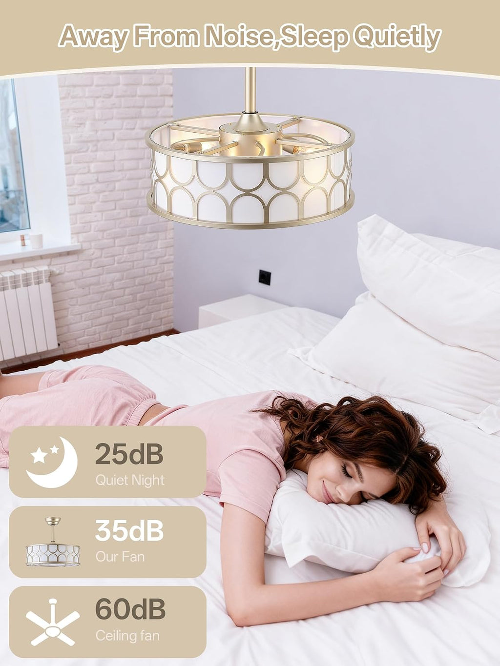 20' Gold Boho Fandelier Ceiling Fans with Lights, Caged Bladeless Ceiling Fan with Light Remote Control. Chandelier with 6 Speeds for Bedroom, Nursery, Living room.