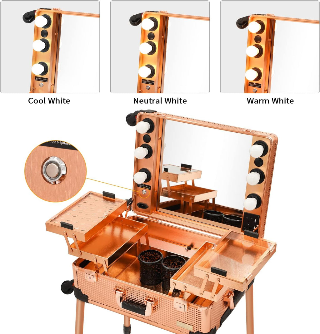 Aluminum Trolley Makeup Train Case with LED Lights Professional Cosmetic Organizer Studio with Speaker, Wheels and Stands Rolling Lighted Makeup Vanity Station for Travel (Rose Gold)