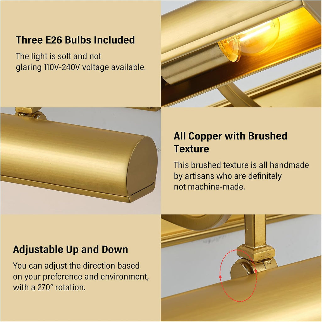 18in Brass Picture Light, 270° Rotatable Gold Wall Sconce Hardwired, 3-Light Vanity Wall Light Over Mirror, Dimmable Picture Art Light for Living Room, Bedroom & Bathroom