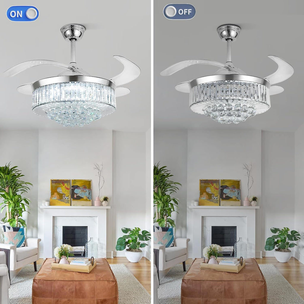 42' Smart Retractable Crystal Ceiling Fan with Light: Alexa/Google Home & Remote, Bluetooth Speaker, Dimmable RGB Light, 6-Speed Reversible Fandelier Chandelier Fan for Bedroom,Dining/Living Room