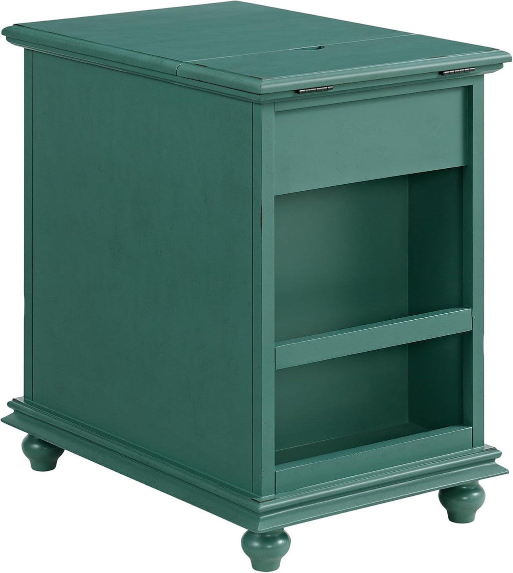 Martin Svensson Home Elegant Chairside End Table with Power — 24″W x 16″D x 25″H, Antique Teal-Green — Transitional Painted Accent Table with Flip-Top USB Charging, Drawer & Cabinet Storage