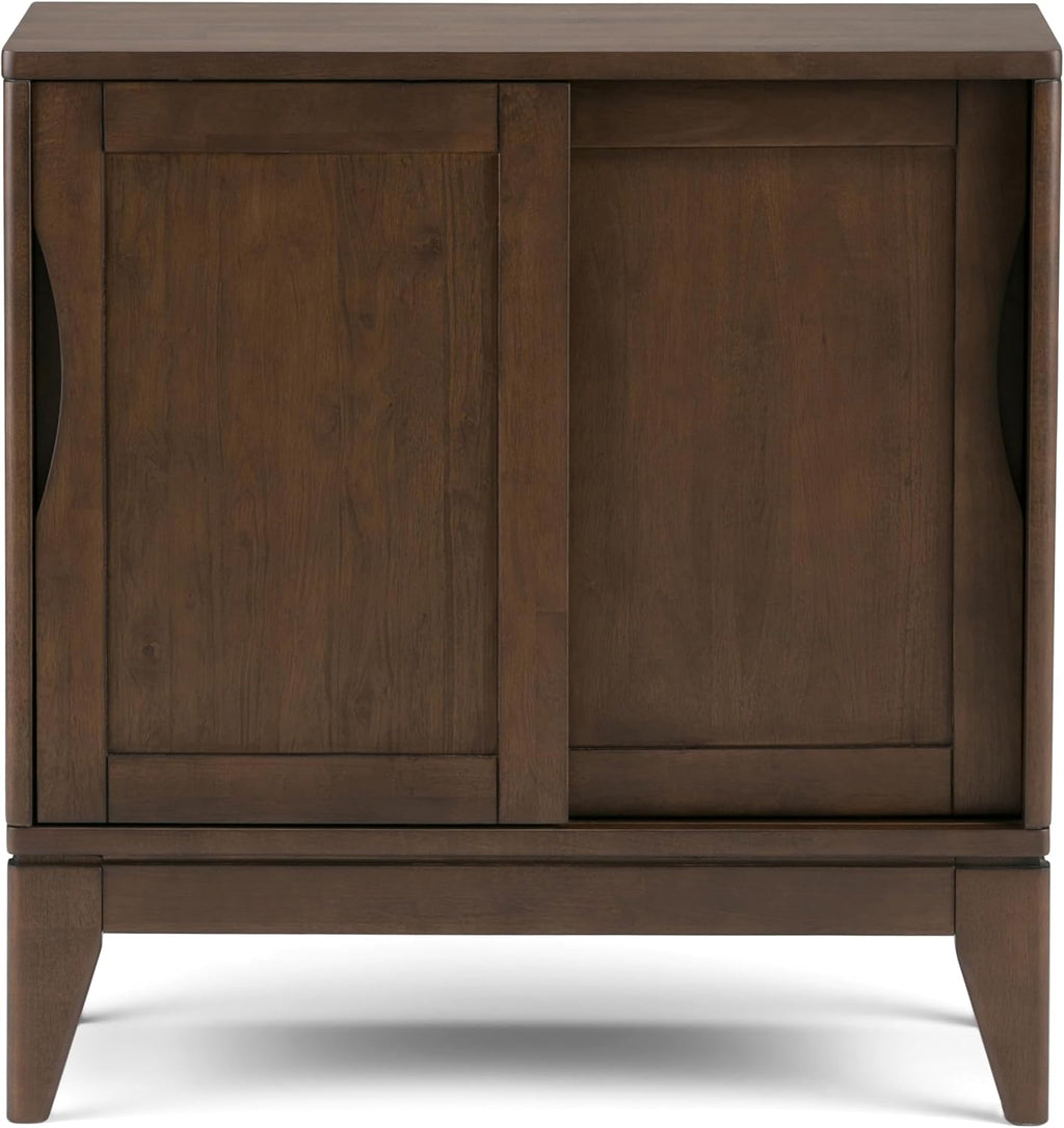 SIMPLIHOME Harper Storage Cabinet - 30 inch Wide Solid Hardwood 2-Shelf Low Console Cabinet in Walnut Brown, Mid-Century Modern Cupboard for Living Room with Sliding Doors and Adjustable Shelves