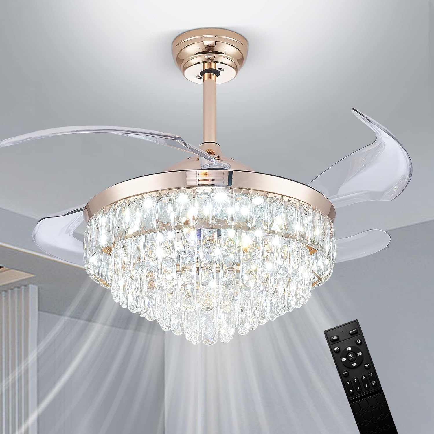 CLAIRDAI 42'' Crystal Fandelier Ceiling Fan with Lights, Dimmable LED Fan with Retractable Blades, Remote, 6-Speed Reversible, Semi Flush Mount for Bedroom Dining Room