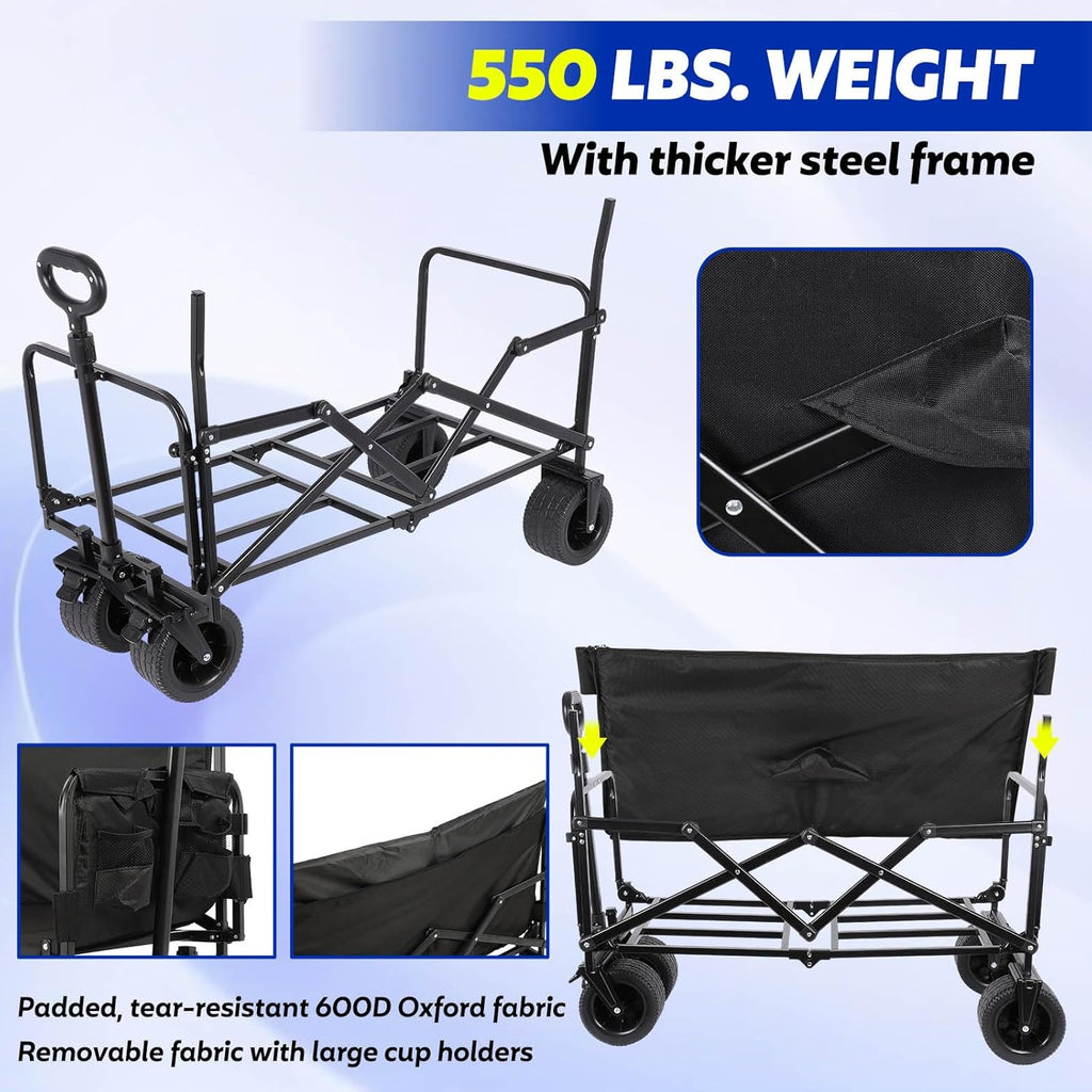 Portable Collapsible Folding Wagon, 550LBS Heavy Duty Utility Carts,Reclining Camper, Expandable Storage, Padded and Wheeled, All Terrain Wheels, Great for Camping, Outdoors, Shopping (Black)