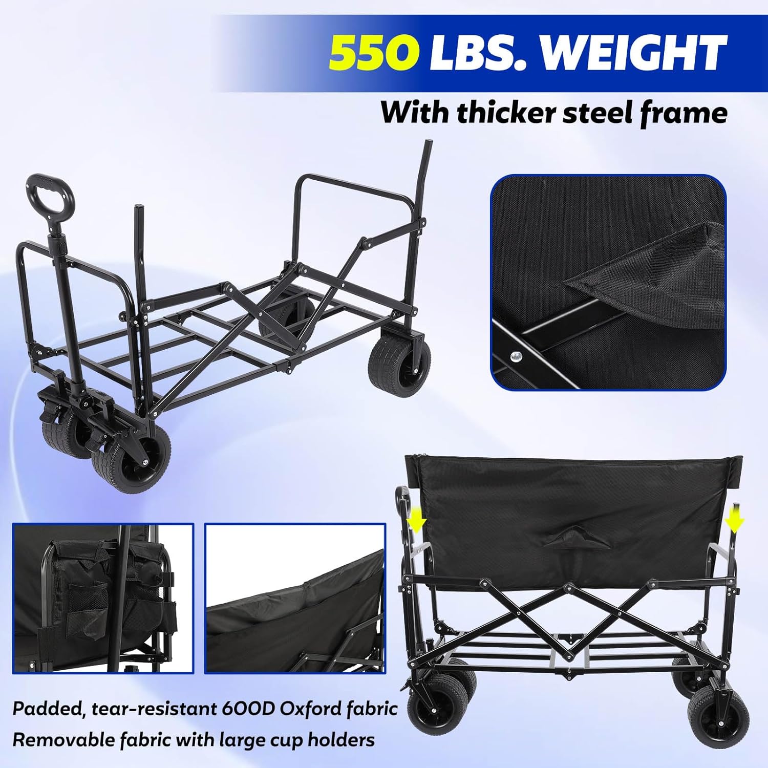 Portable Collapsible Folding Wagon, 550LBS Heavy Duty Utility Carts,Reclining Camper, Expandable Storage, Padded and Wheeled, All Terrain Wheels, Great for Camping, Outdoors, Shopping (Black)