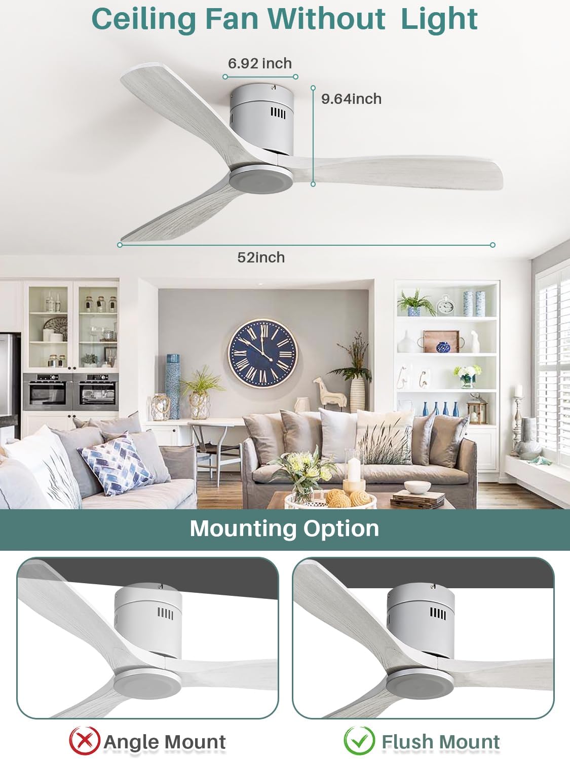 Sofucor Ceiling Fan, 52 Inch, Low Profile, DC, 3 Carved Wood Blades, Flush Mount, Noiseless, Reversible Motor, Remote Control, Without Light, Silver+Grey