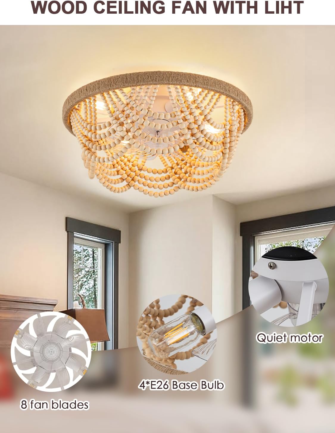 20' Boho Ceiling Fan with Light, Wood Beaded Flush Mount Ceiling Fans with 6 Speeds 3 Timing, Bohemian Caged Ceiling Fan for Living Room Kitchen Bedroom Nursery