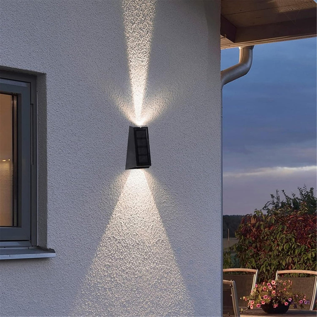 Solar Wall Lights, 2 Pcs Up and Down Waterproof Solar Fence Lights with 7 Color Changing/Warm and White Exterior Garden Wall Sconce