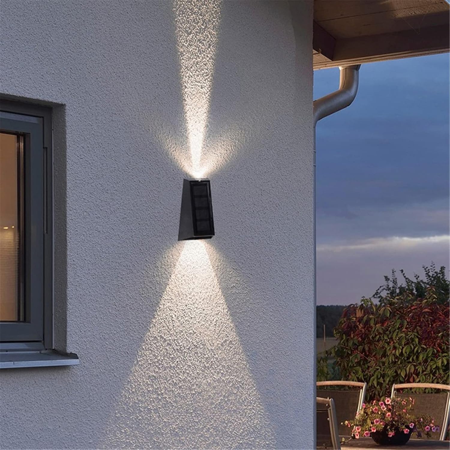 Solar Wall Lights, 2 Pcs Up and Down Waterproof Solar Fence Lights with 7 Color Changing/Warm and White Exterior Garden Wall Sconce