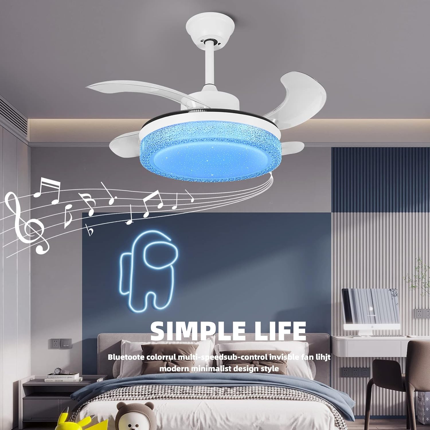 36' Smart Retractable Ceiling Fan with Bluetooth Speaker for Kids Room, RGB Color Changing Crystal Fandelier with App/Voice Control, Works with Alexa & Google Home, Dimmable LED & Quiet Motor