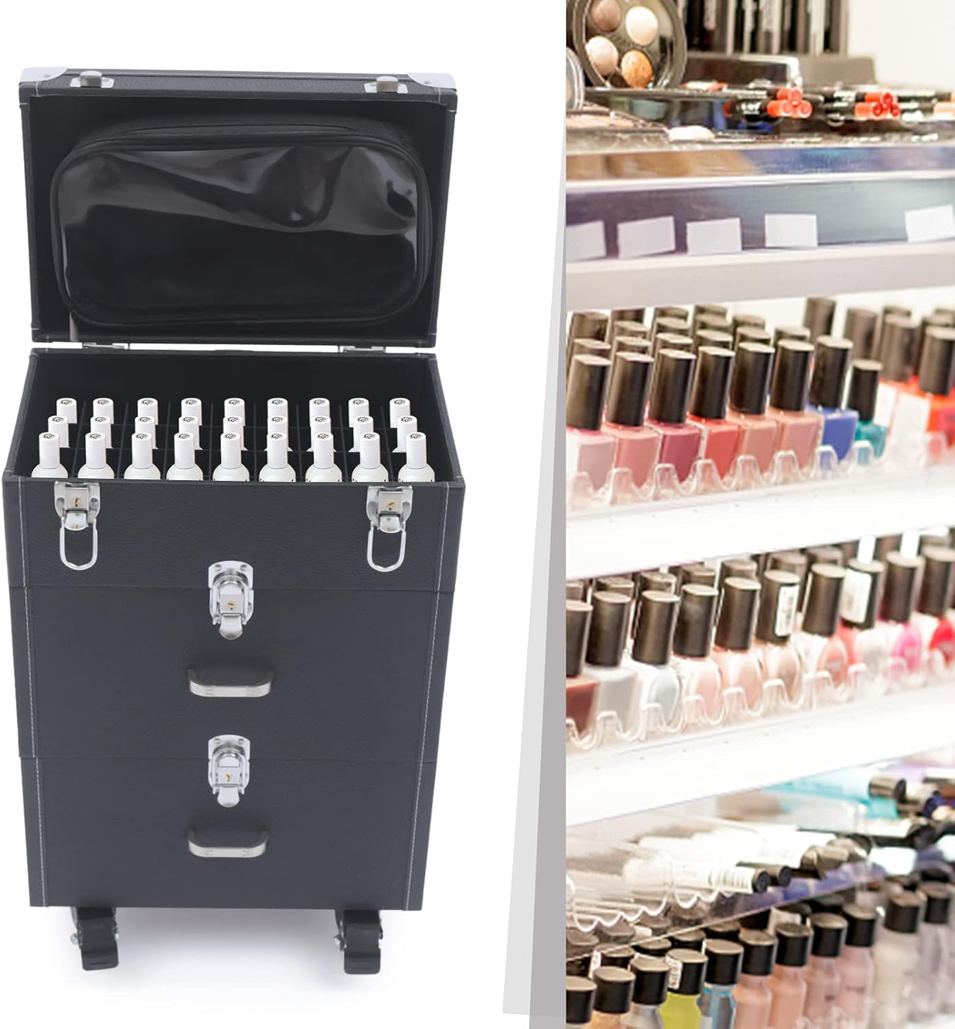 Professional Rolling Makeup Case Train Case Cosmetic Organizer Trolley Lockable Rolling Make-ups Case Storage Cart Makeup Train Case Cosmetology Case On Wheels (Black|3 trays|Type C)