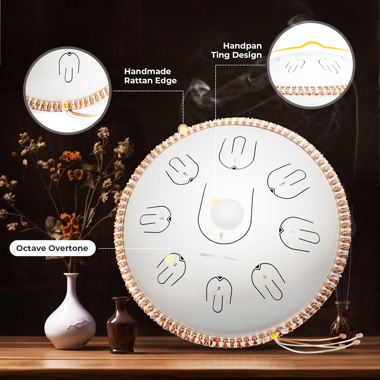 MOOZICA Steel Handpan Tongue Drum, 14 Inches 17 Notes in C Minor with Octave Overtone Design, Handpan Drum Percussion Instrument With Carry Bag (Amara, White)