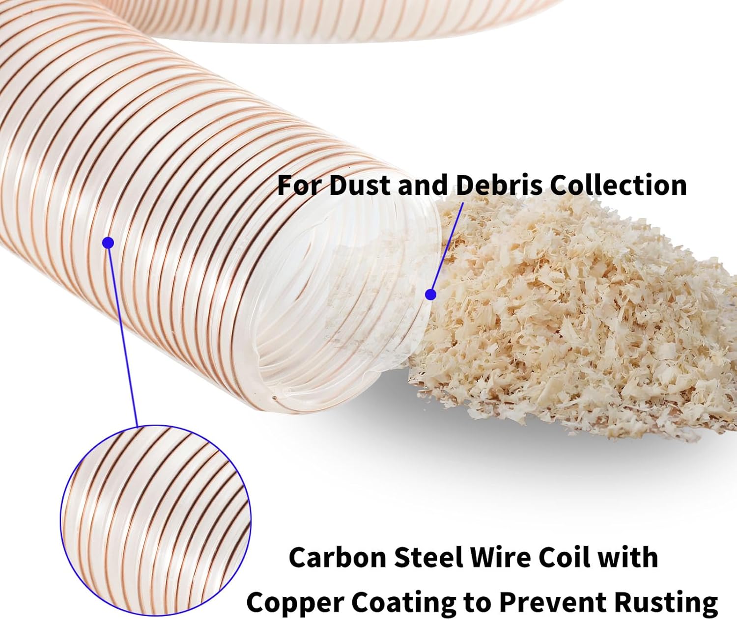 JUYO VONSAN PU Dust Collection Hose 6 inch 30ft Heavy Duty Flex Collector Hose Clear Dust Debris With Clamps (Polyurethane, 6'' X 30ft)