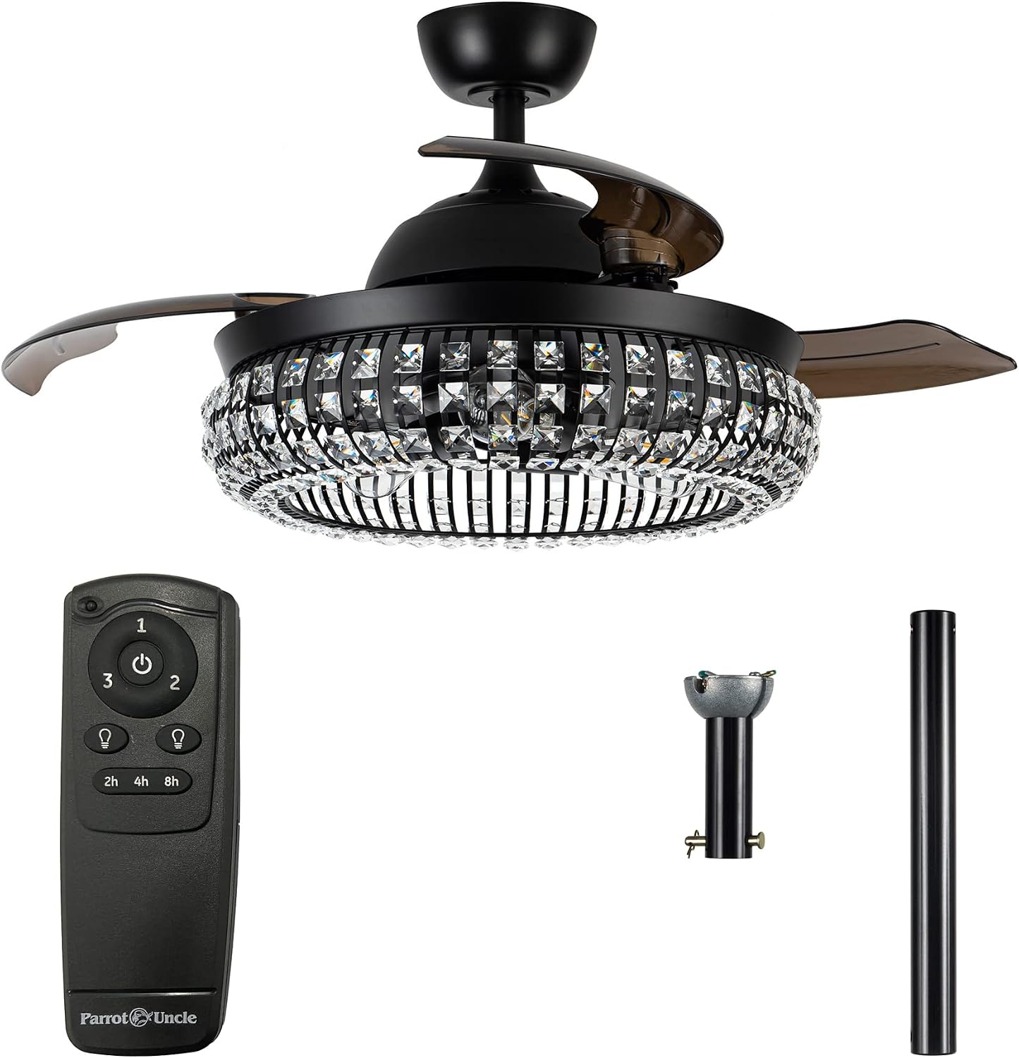 Parrot Uncle Ceiling Fans with Lights and Remote Black Retractable Ceiling Fan with Light Bedroom Crystal Chandelier Ceiling Fans, 42 Inch