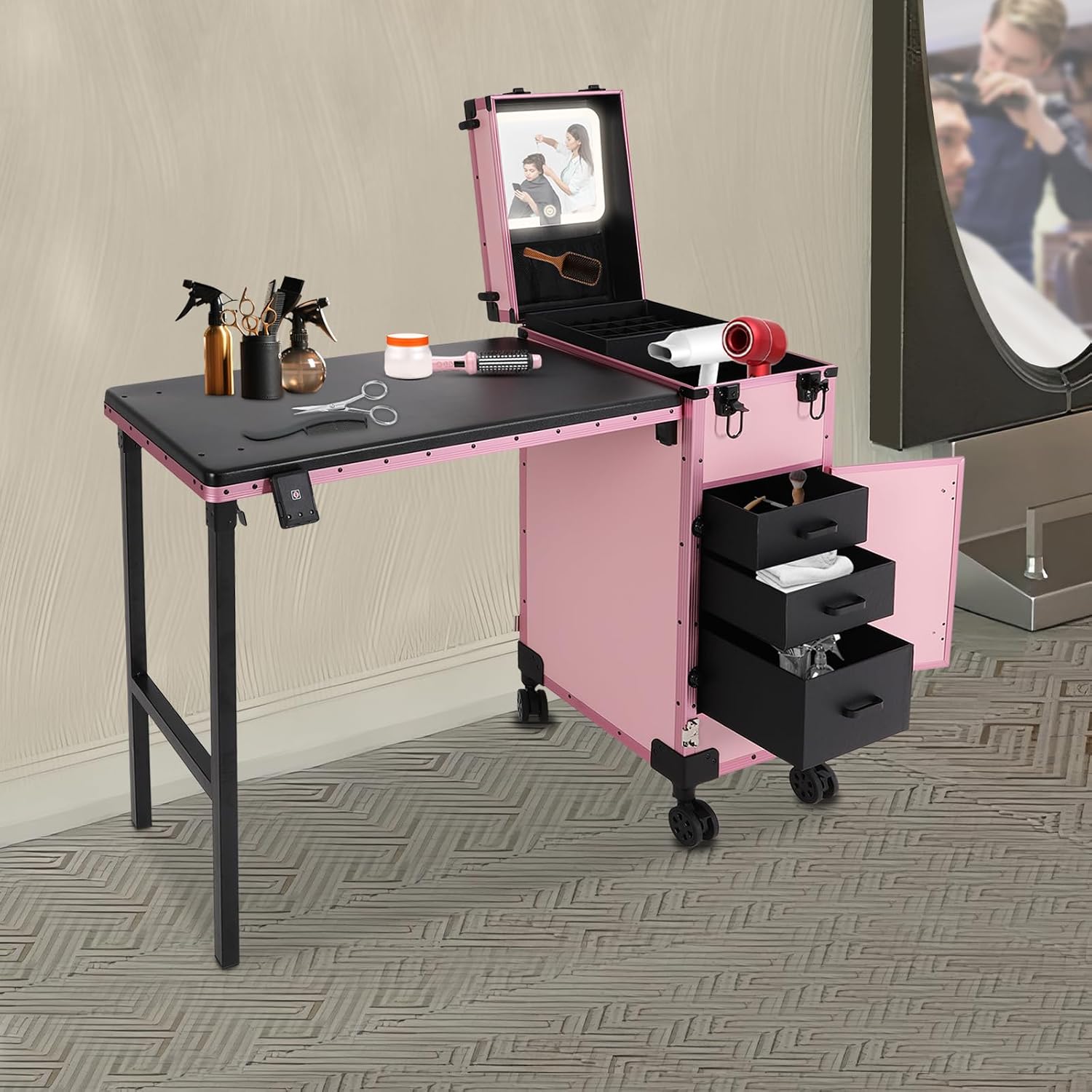 Professional Rolling Makeup Case, Foldable Nail Tables with Detachable Lighted Mirror, Travel Cosmetic Trolley Storage Organizer with Drawers & Lock, Manicure for Artist (Pink)
