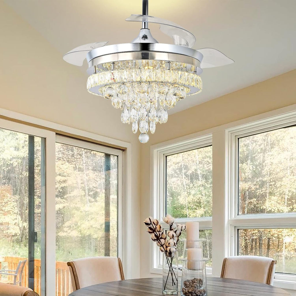 Finktonglan 42' Crystal Fandelier Ceiling Fan with Lights, Retractable Blades, Dimmable 60W LED, Remote & App Control, Quiet Reversible Motor, 6 Speeds & Timer, Downrod Mount for Bedroom/Living Room