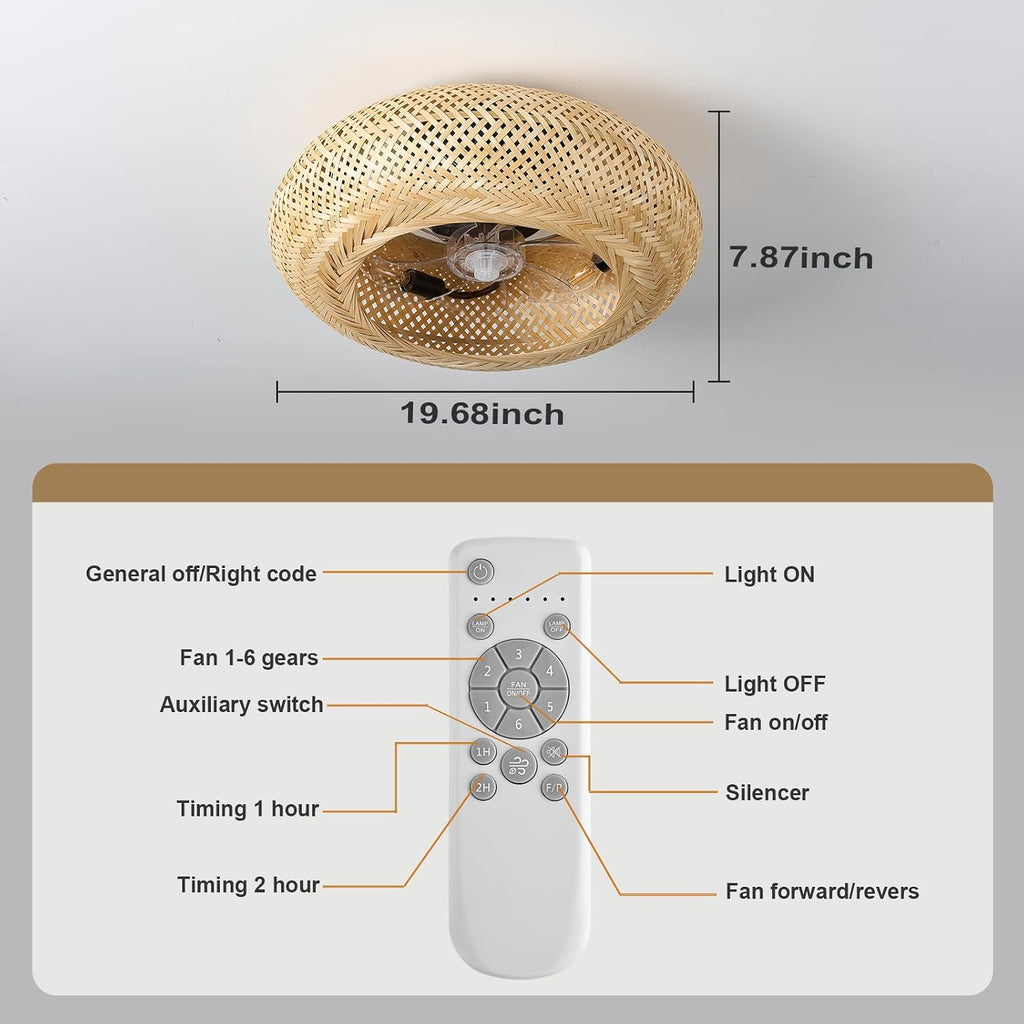 20' Boho Cage Ceiling Fan with Light and Remote Control, Low Profile Bamboo Ceiling Fan, Enclosed Timing 6 Speeds Reversible, for Bedrooms, Living Rooms, Kitchens, Farmhouses